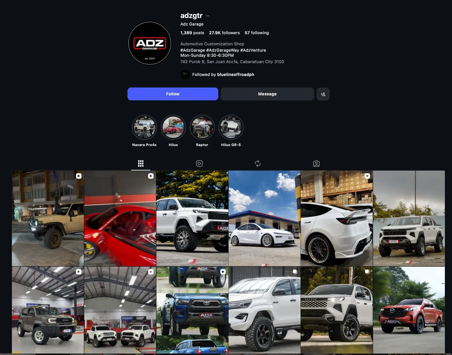Adz Garage Instagram profile supplied for the brand audit